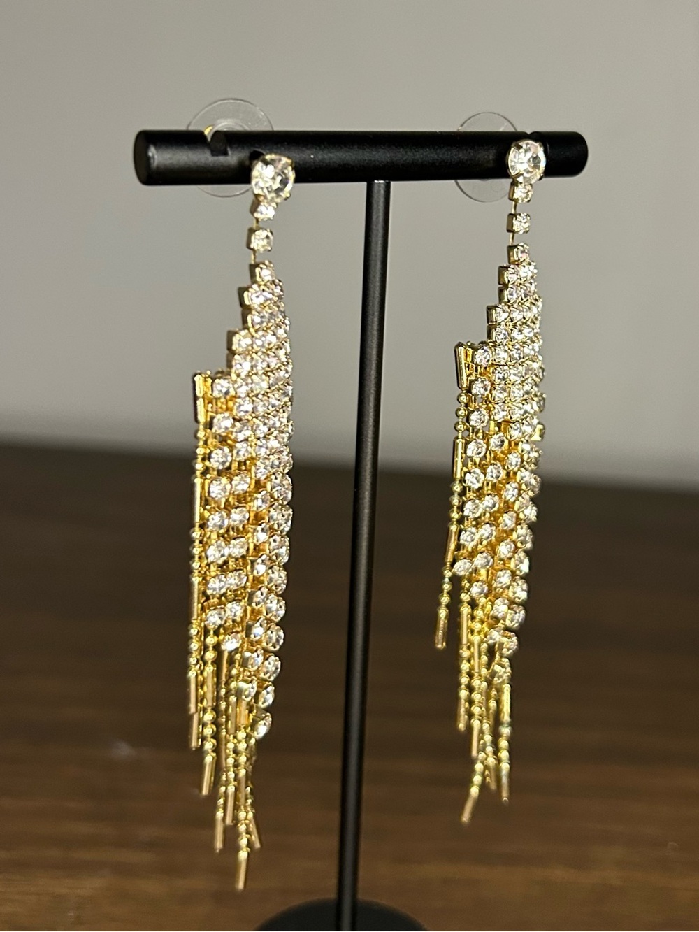 Alfani Gold Rhinestone Waterfall Fringe Chandelier Statement Earrings - Picture 4 of 5